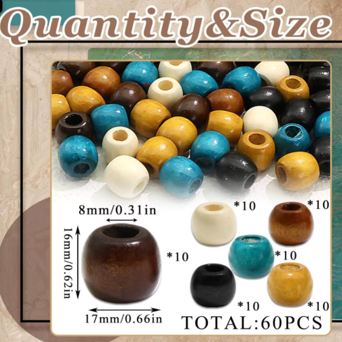 60 Perles en Bois pour Tresses, 6 Styles, Bijoux Capillaires Colorés, Accessoires de Coiffure, Décor
