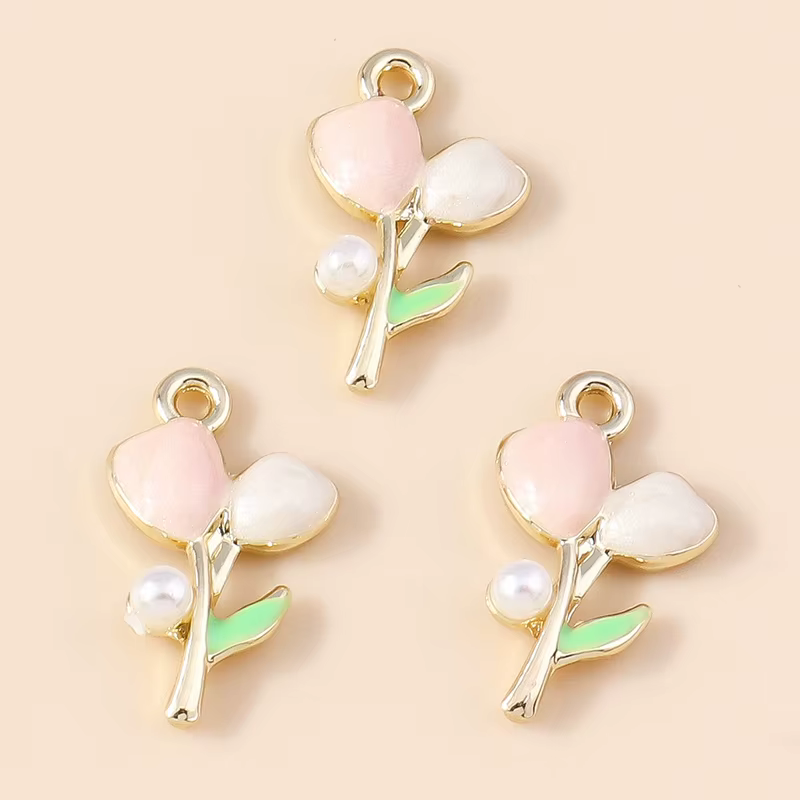 Leslie – breloques en forme de fleur de rose en émail et perle, 11x19mm, 5 pièces, pour boucles d'or