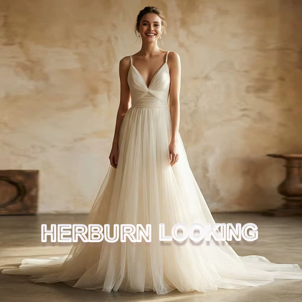 Robes de mariée trapèze charmantes HERBURN pour femmes, col en V, bretelles spaghetti, dos plissé, r