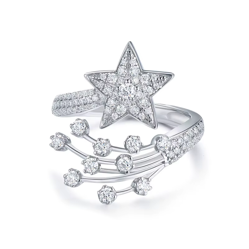 Bague étoile en argent sterling 925 entièrement sertie de moissanite, ajustable, pour femme, design 