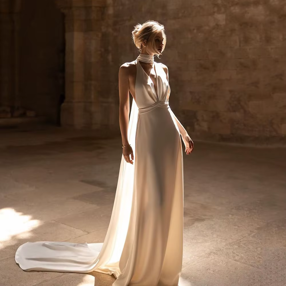 SoDigne-Robe de Mariée Longue en Satin Élégante, Col en V, Dos aux, pour la Plage, Style Boho, pour 