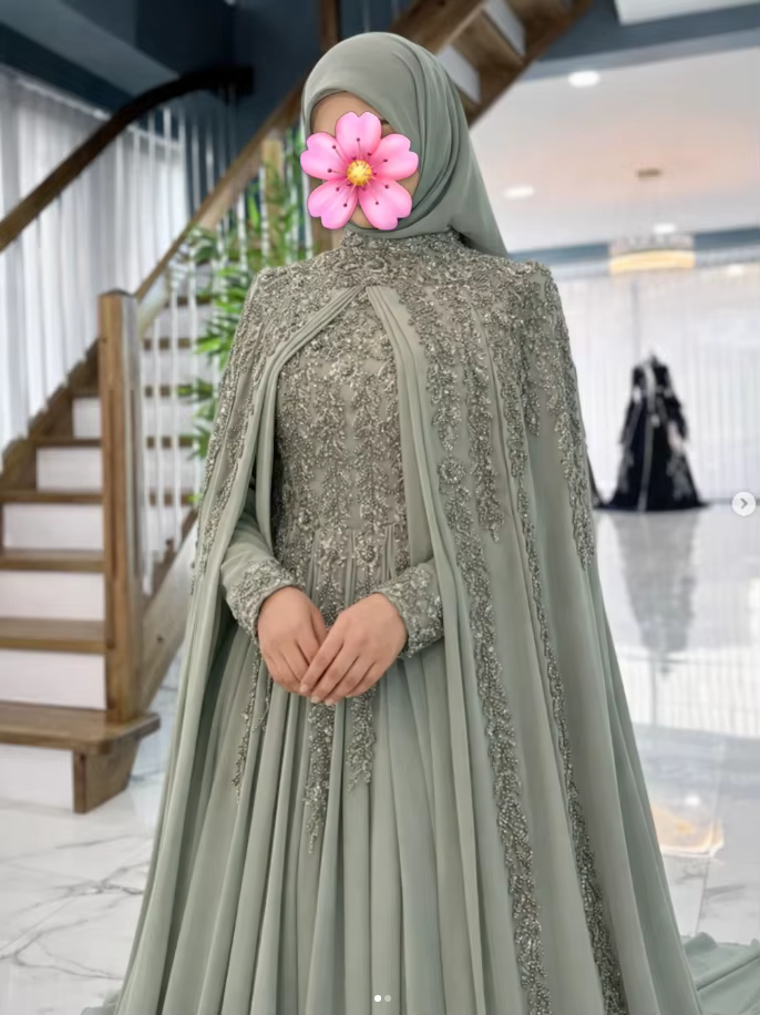 Robe de soirée caftan musulman vert sauge avec cape à manches longues, robe de bal scintillante pour