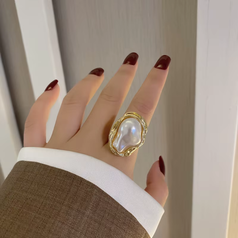 Bagues Vintage en perles blanches Double couche pour femmes, mode exagérée, grand anneau géométrique