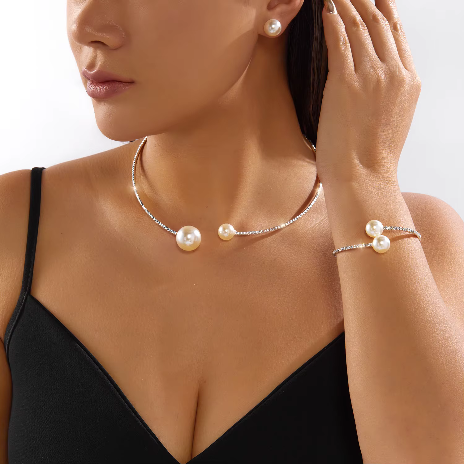 Ensemble de bijoux classiques pour fête de mariage pour femmes, Imitation de perles, strass, ras du 