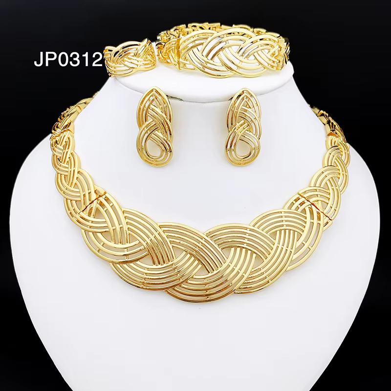 Ensemble de bijoux plaqués or 18 carats pour femme, motif tissé, collier, boucles d'oreilles, bracel