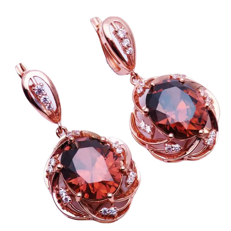 Boucles d'oreilles en or rose 14K pour femmes, plaqué or violet, incrusté de rubis, cristal ajouré, 