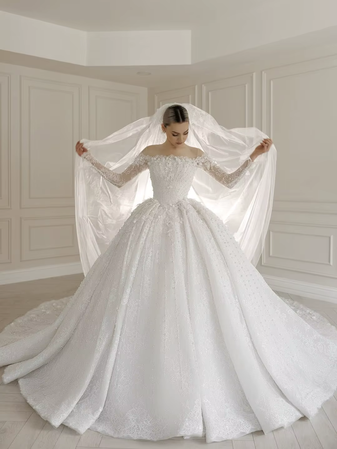 Robes de mariée personnalisées pour femme, col rond, manches longues, dentelle, perles, robes de mar