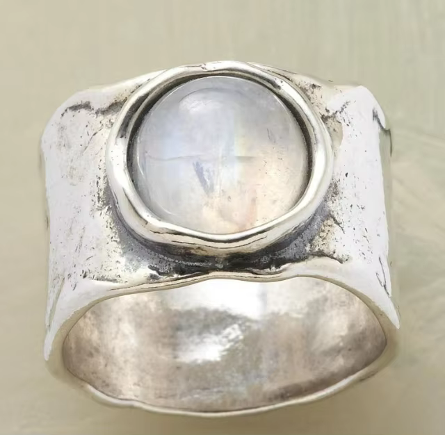 OO-Bague en pierre de lune ronde vintage pour femme, grand anneau en or blanc, accessoires de mariag