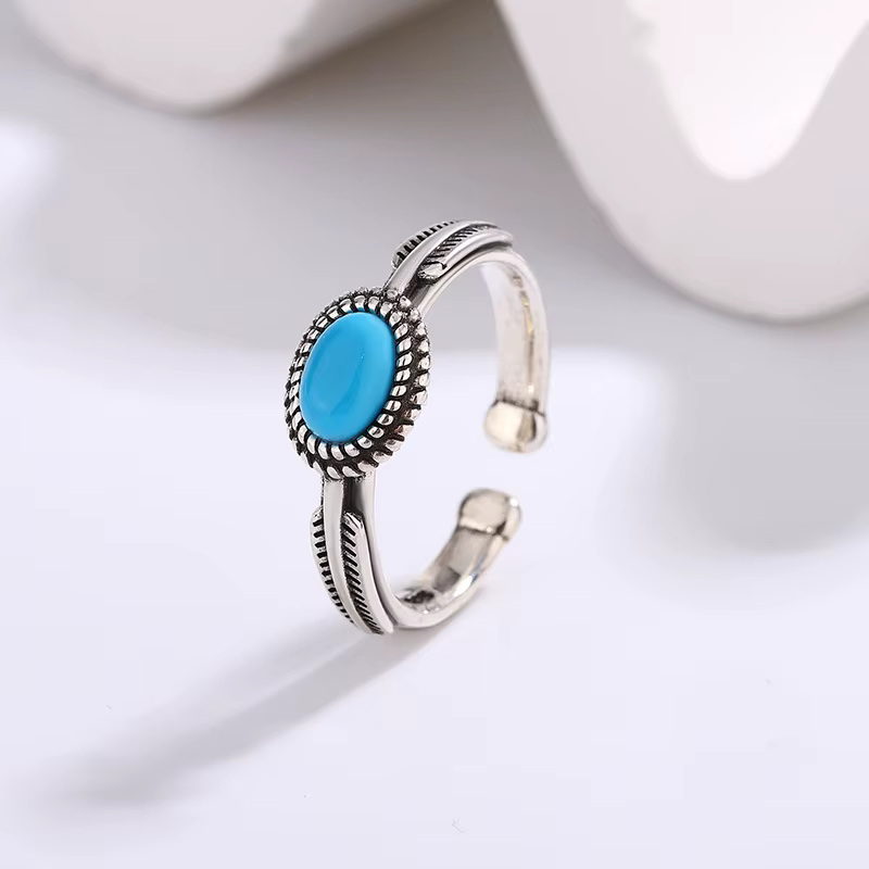 Bagues ajustables en argent sterling 925 avec turquoise en forme d'ellipse pour femmes, bijoux de lu