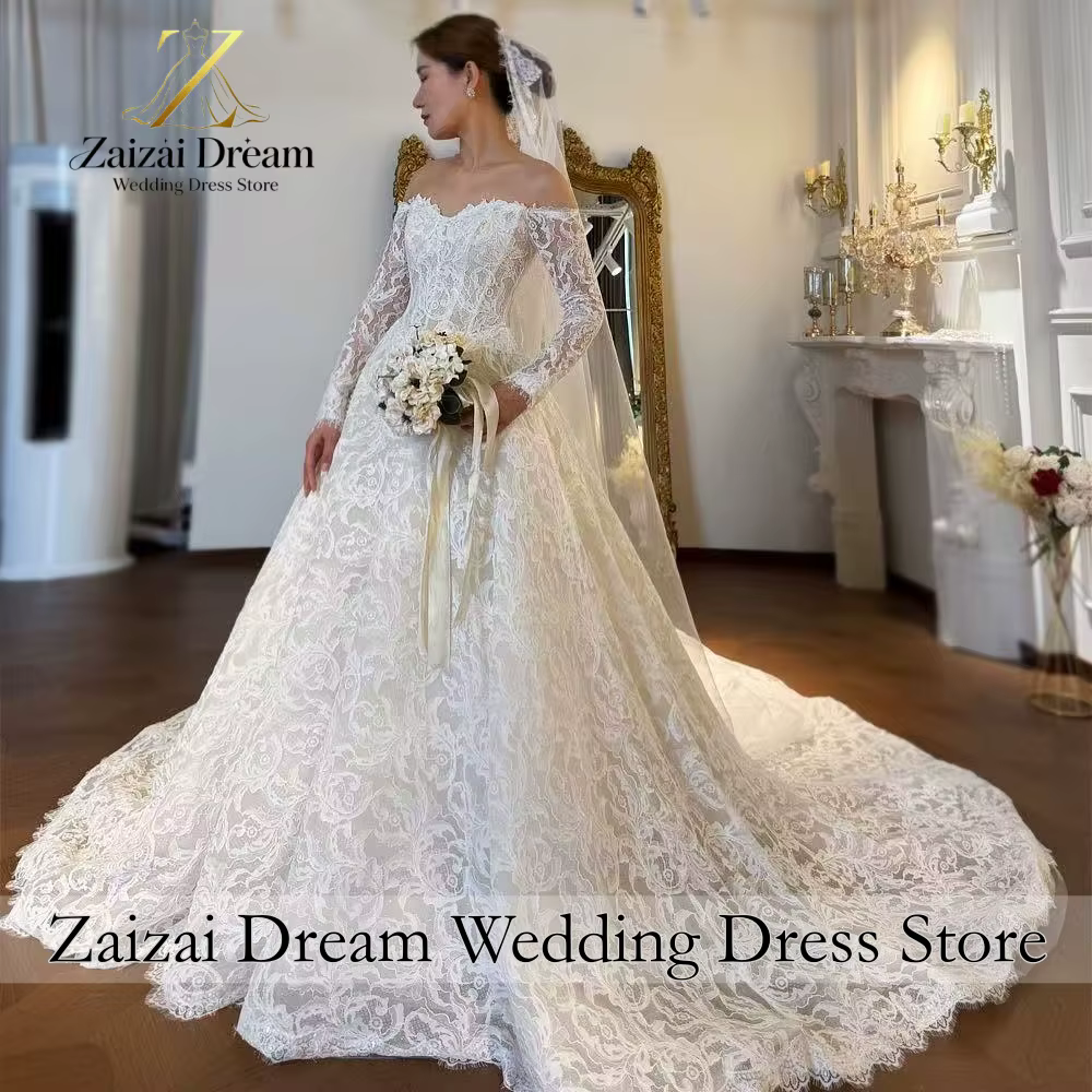 Robe de mariée élégante personnalisée à épaules dénudées en dentelle, manches longues, robe de bal d