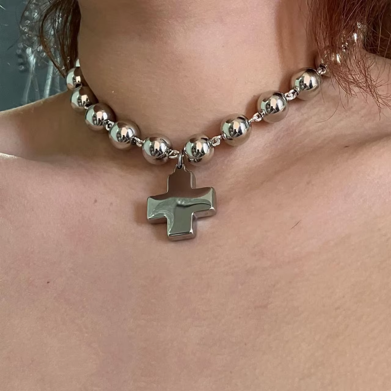Grunge Rock bijoux chaînes de perles rondes pendentif croix collier coréen Punk breloques colliers f