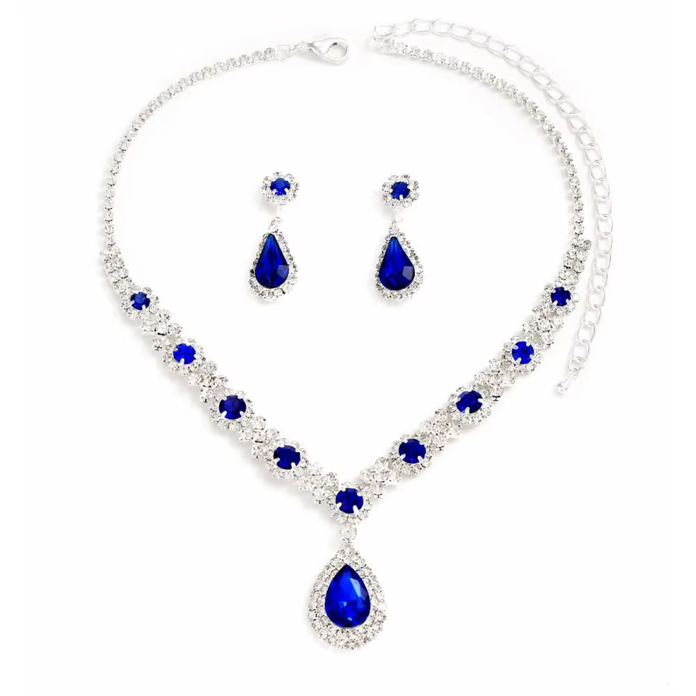 Parure de bijoux en cristal tendance : collier et boucles d'oreilles de luxe, pendentif goutte d'eau