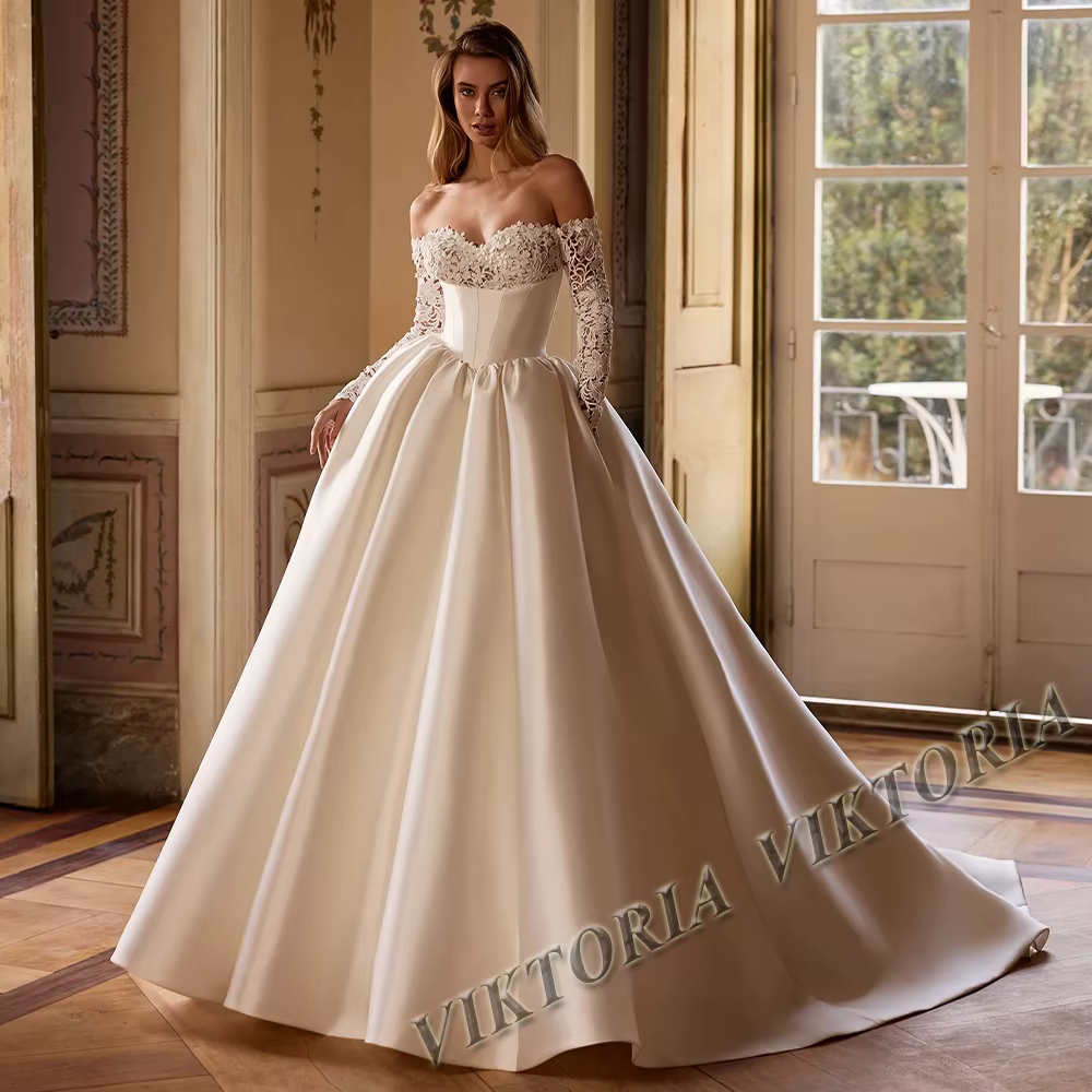 Robe de mariée VIKTORIA, style moderne, en satin, col bateau, dentelle, fleurs 3D, robe de mariée pe