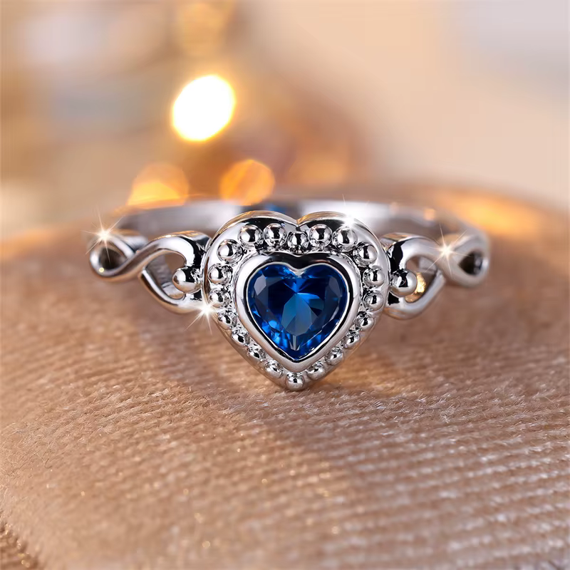 Bagues en argent coeur pour femme, amour, stron, document féminin, patients en pierre bleue, allianc