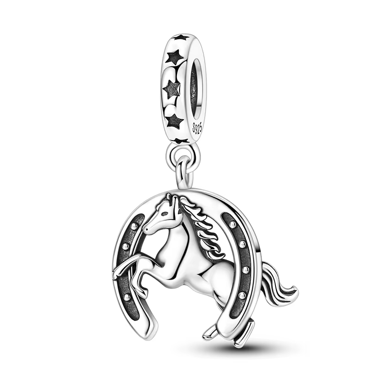 Breloques en argent sterling 925, cheval à bascule et fer à cheval porte-bonheur, compatibles avec l