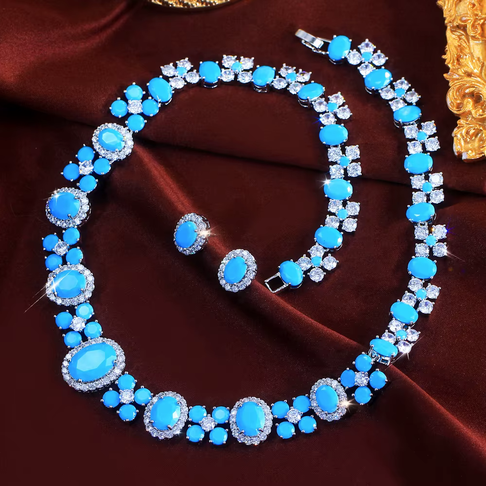ThreeGraces – ensemble de bijoux de luxe en turquoise synthétique bleu brillant, forme ovale géométr