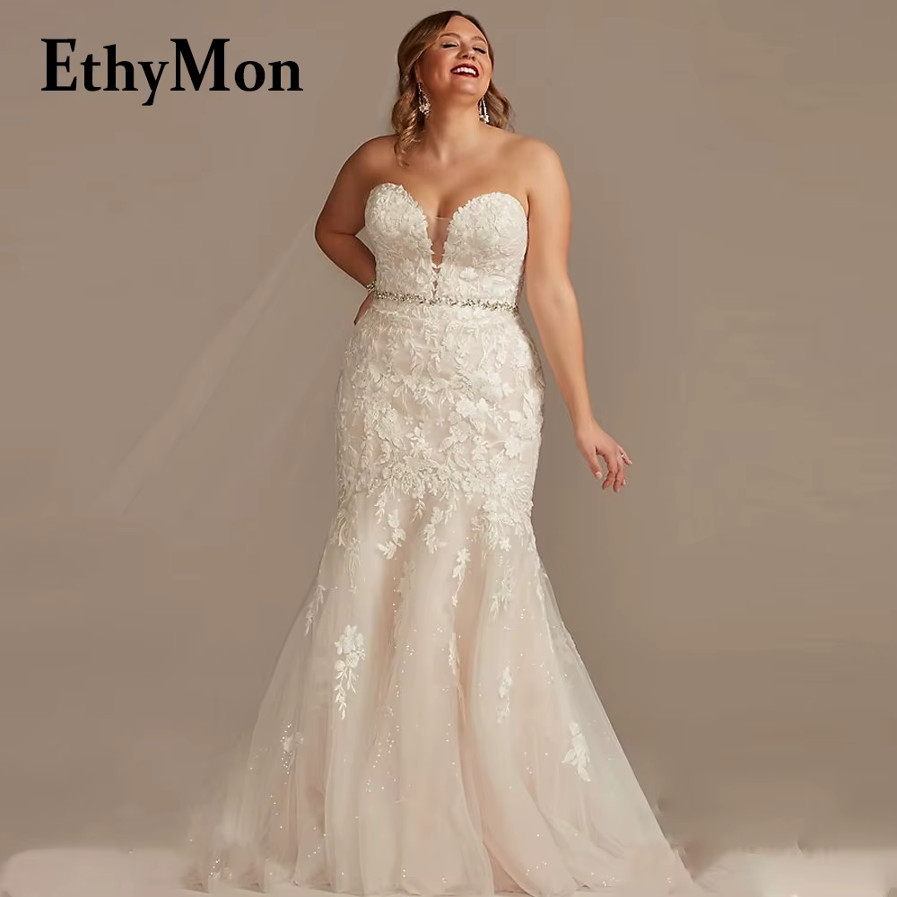 Domymon-Robes de mariée sirène glamour, appliques en dentelle chérie, bouton pailmétrage, robe dos n
