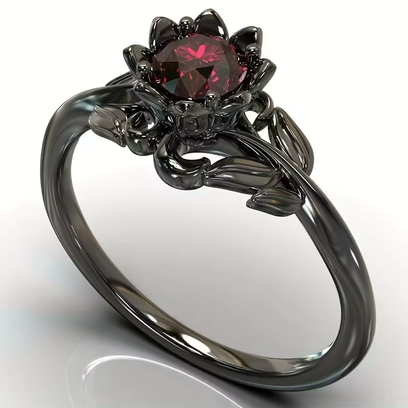 Bagues rondes à fleurs de couleur noire pour femmes, bagues en pierre rouge, bijoux cadeau de fête