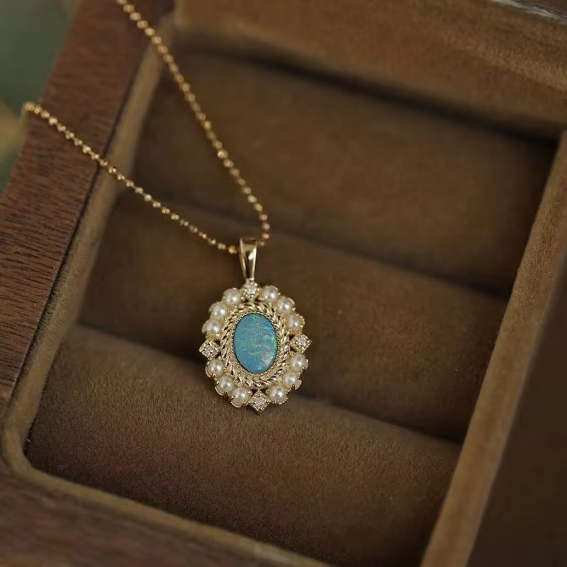 Pendentif en perle d'opale de style palais pour femme, collier de documents vintage, lumière brillan