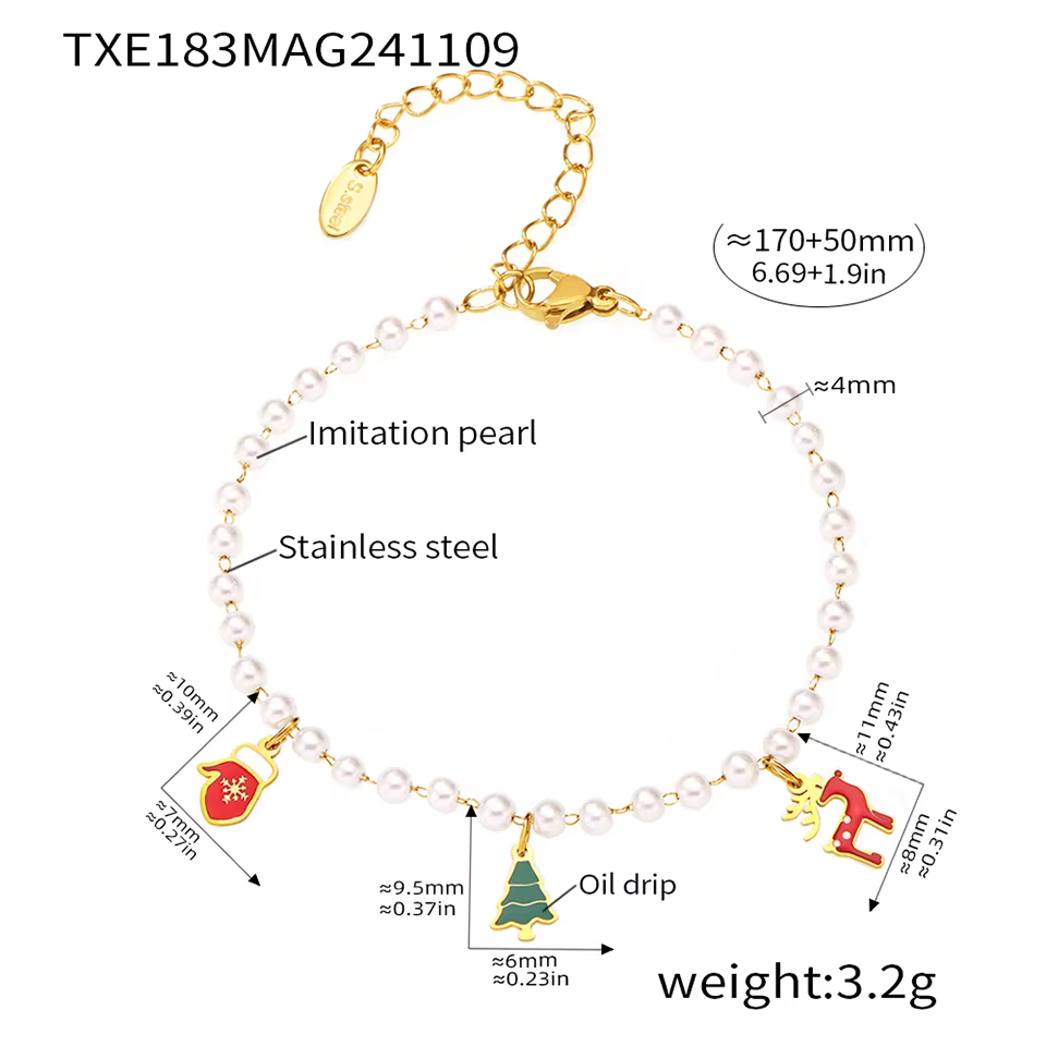 Colliers et bracelets à thème de Noël avec perles d'imitation pour femmes, en acier inoxydable, avec
