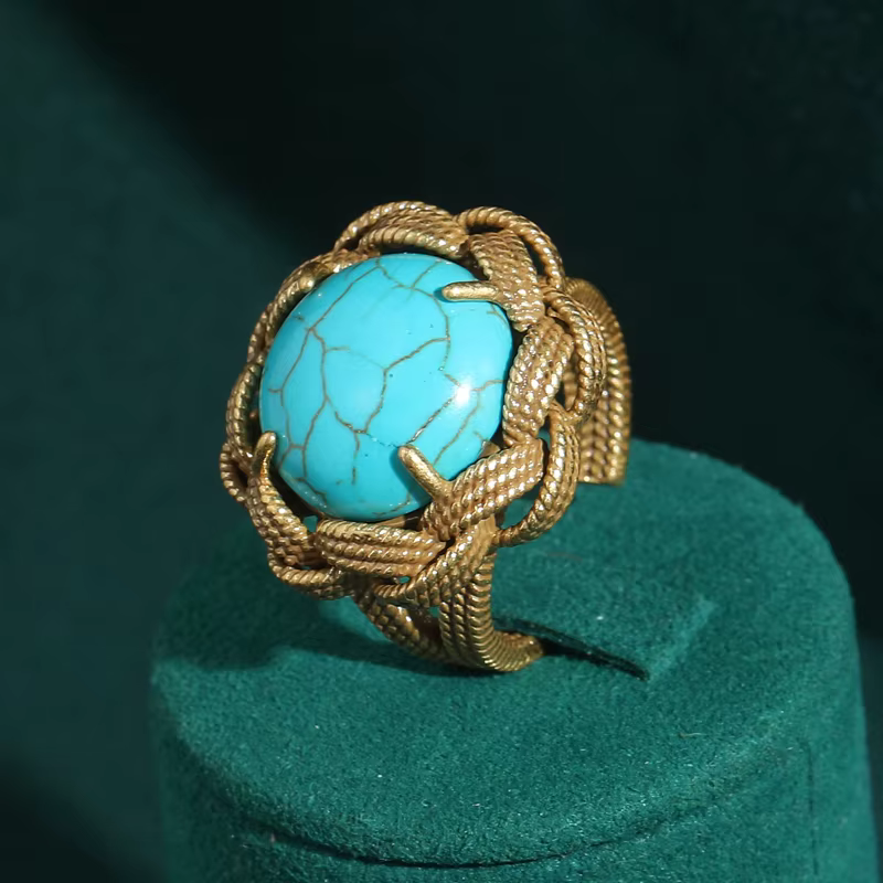Bague Vintage bleue grande pierre ronde Turquoise, bijoux de luxe pour femmes, styliste, tendances é