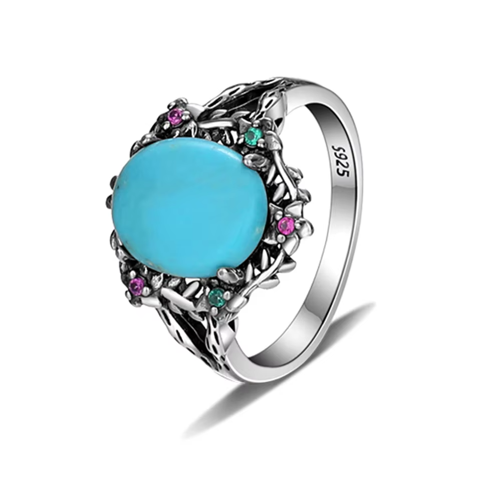 Bague en argent turquoise naturelle pour femme, 9x11mm, rétro, feuilles, fleurs, en forme, incrusté,