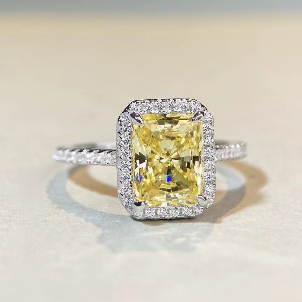 Bague de mariage en or blanc massif 18k pour femmes, 3CT, coussin en diamant jaune clair, accessoire