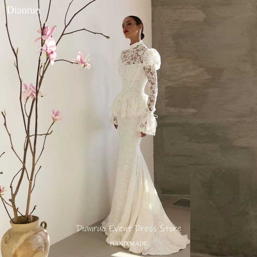 Robe de mariée modeste Dianruo à col montant, manches longues bouffantes, style sirène, avec appliqu