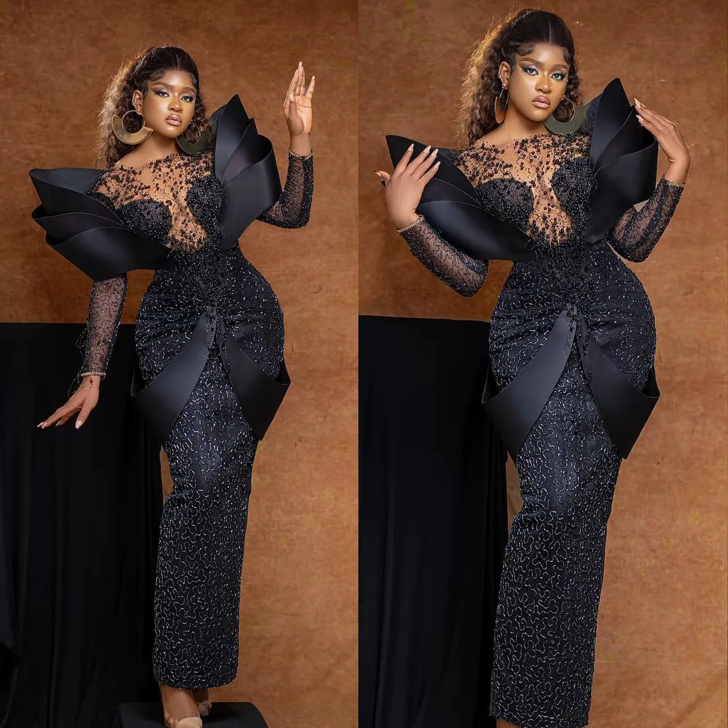 Robe de Bal Africaine Élégante pour Femme Noire, Tenue de Soirée avec Manches 3D, Perles Faites à la