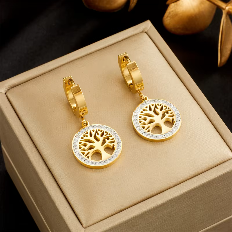 XIYANIKE – boucles d'oreilles dorées en acier inoxydable 316L, pendentif rond d'arbre de vie, access