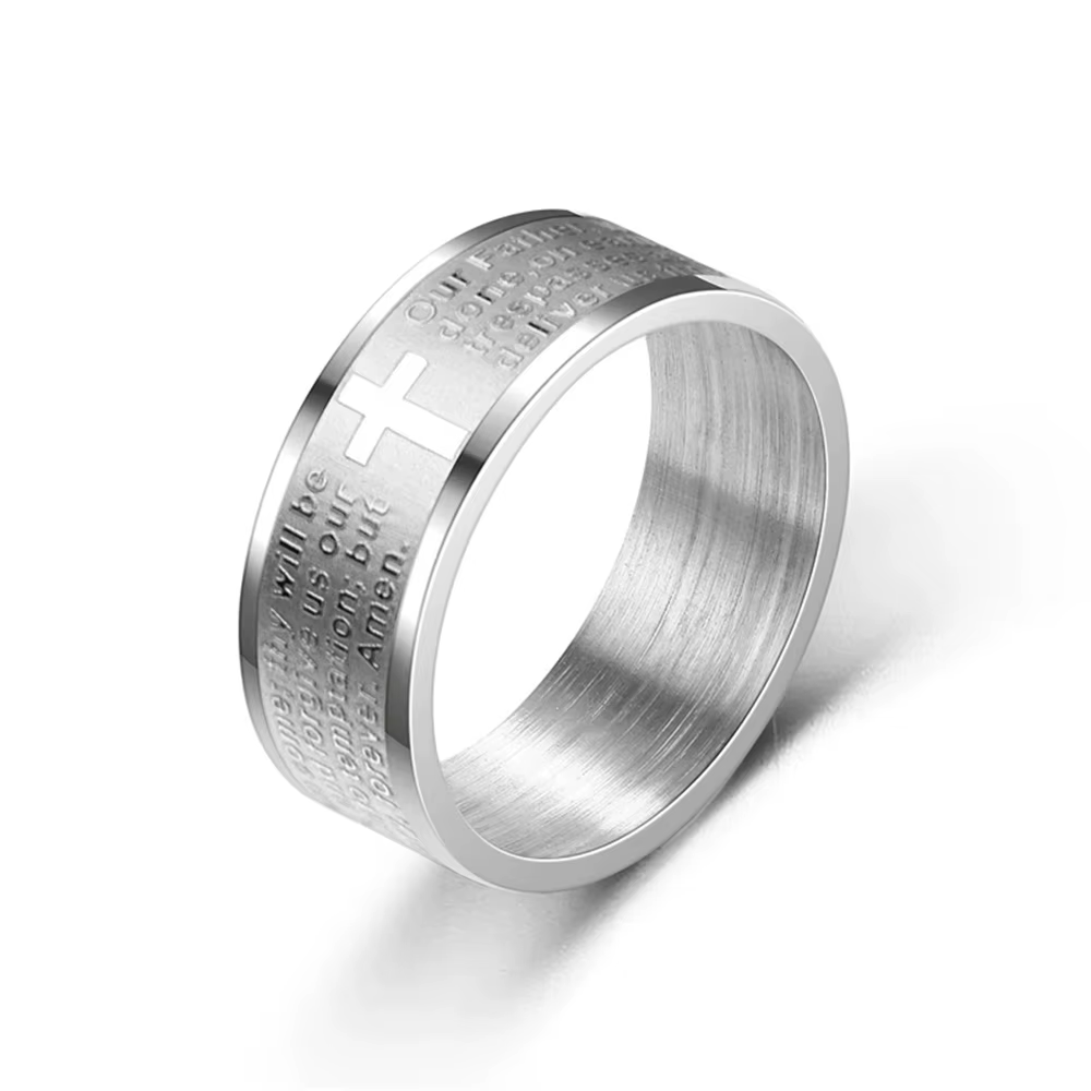 Bague Punk en forme de croix de la Bible, 8mm, couleur argent, en acier inoxydable, bague de prière 
