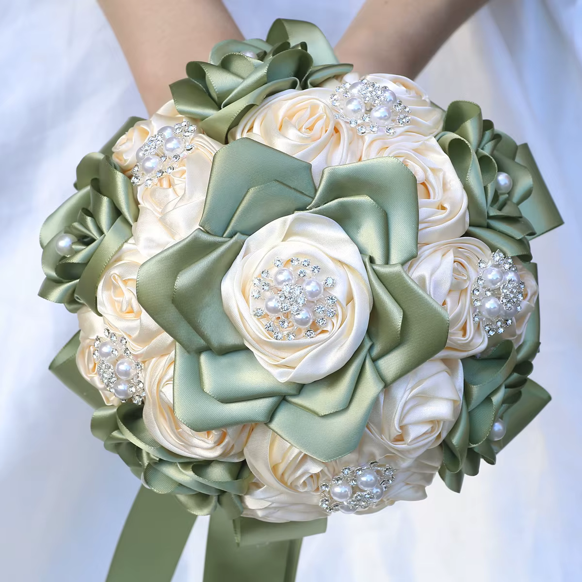 Yannew – Bouquet de mariage rustique vert sauge, avec broches en strass, roses artificielles, Bouque