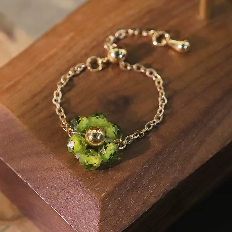 Bague chaîne en cuivre Zircon en forme de fleur verte, anneau réglable, cadeau, bijoux de haute qual