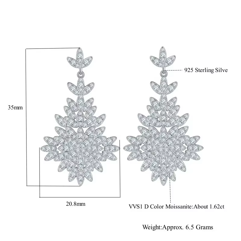 Boucles d'oreilles pendantes en forme de feuille en moissanite LinkerLove, argent sterling S925 pour