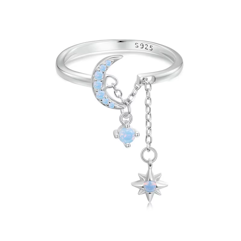 WOSTU réel 925 en argent Sterling étoile lune lien anneau pour les femmes scintillant bleu opale rég
