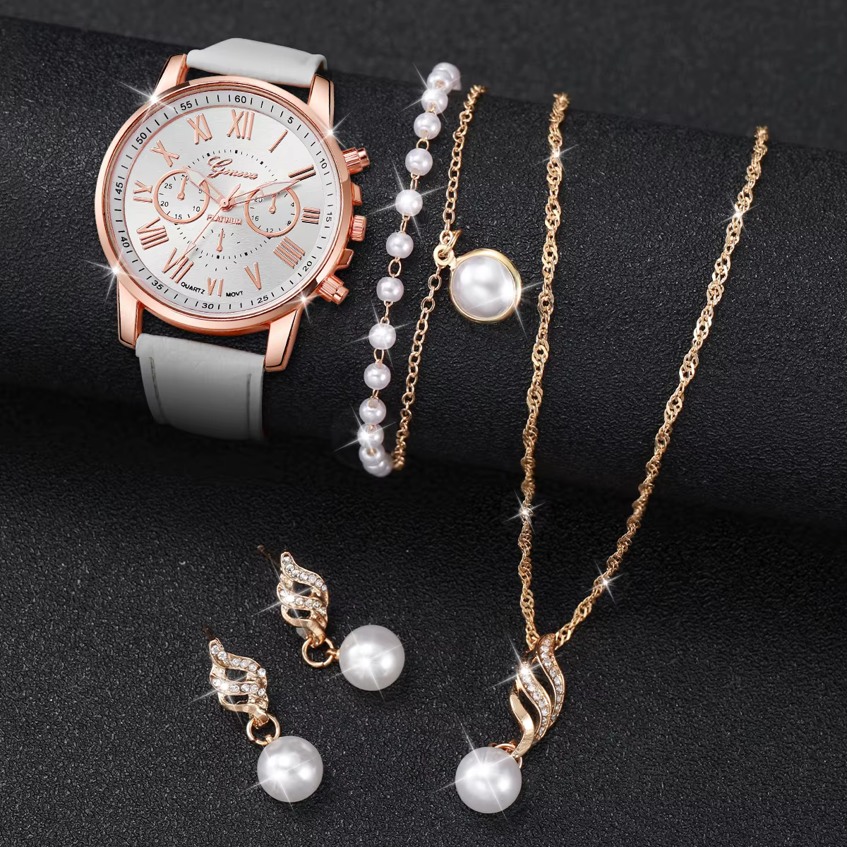 Ensemble de montres à quartz avec bracelet en cuir pour femme, cadran Roma, bijoux en perles, sans b