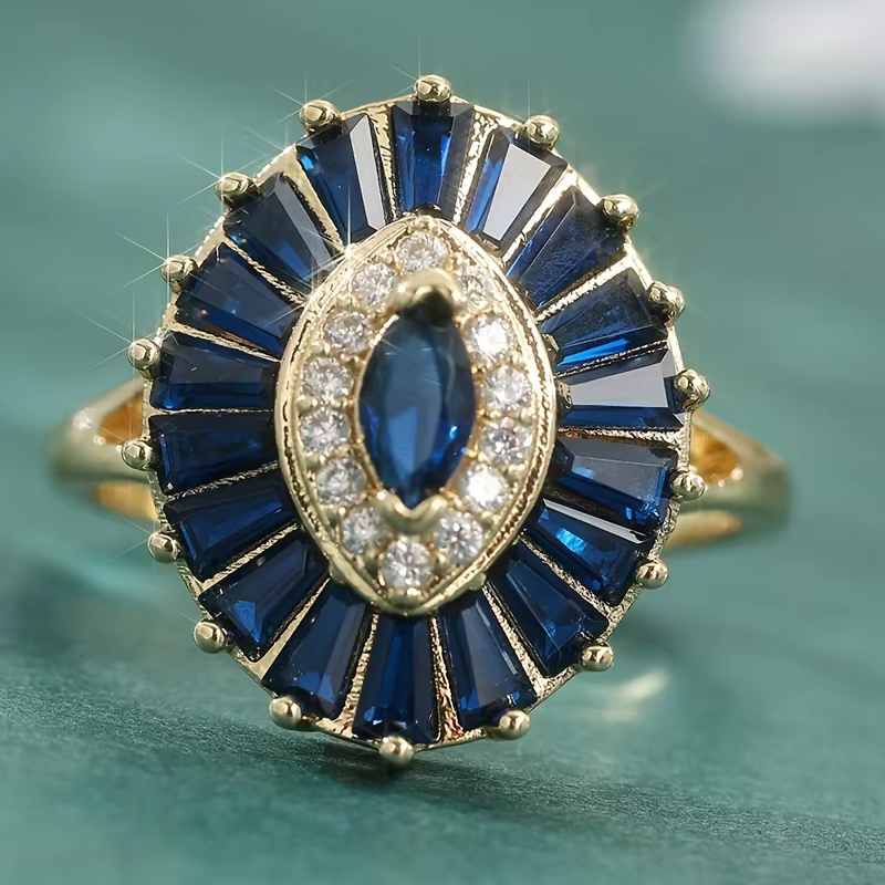Bague ovale pour femme en zircon bleu incrusté, style rétro et luxueux, accessoires de fête tendance