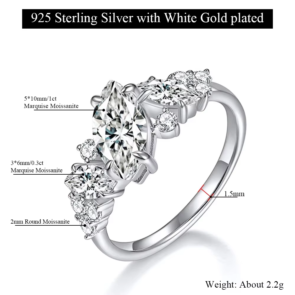 Bague Statement Asymétrique LinkerLove en Argent 925 Plaqué Or Rose avec Moissanite Marquise et Grap