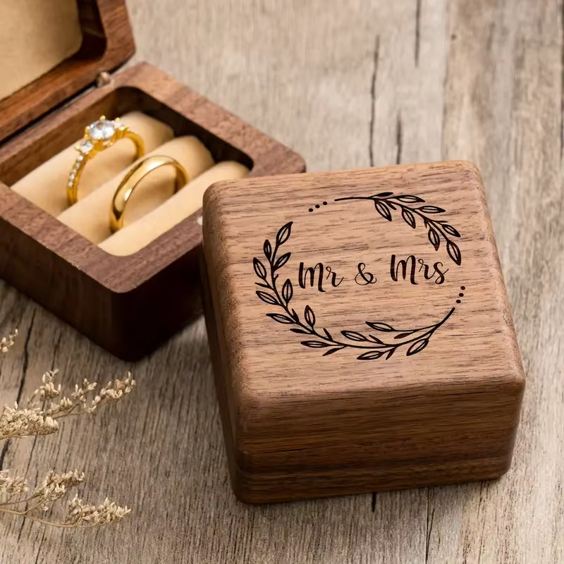 Proposition de fiançailles cérémonie de mariage boîte à bagues en bois de noyer gravé Mr & Mrs, boît