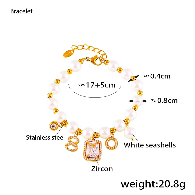 Collier et bracelet en perles de coquillage avec pendentif carré en zircon pour femmes, en acier ino