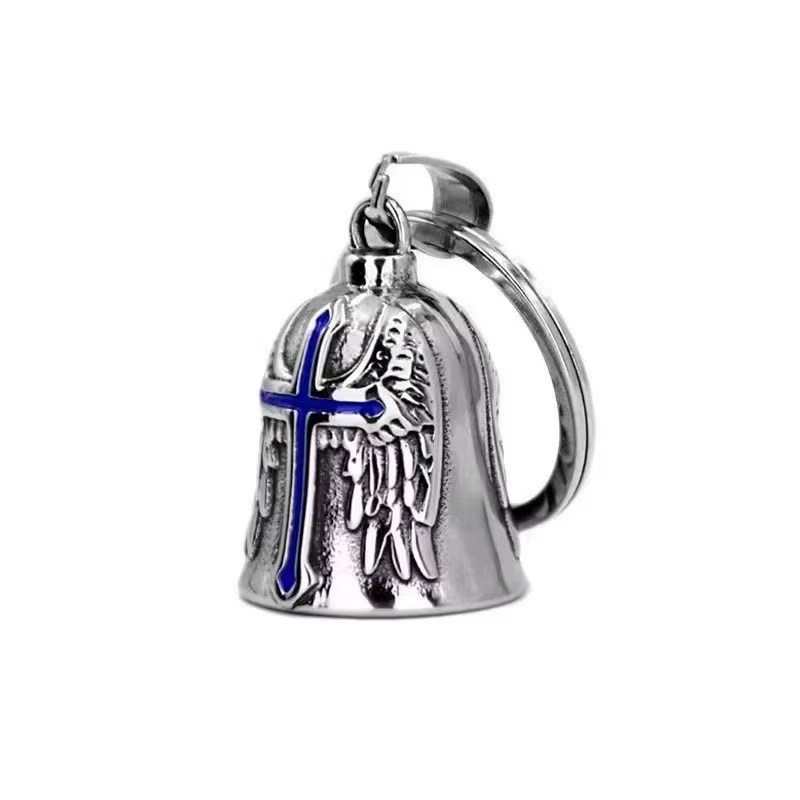 Porte-clés Cloche Porte-Bonheur Vintage avec Croix et Ailes d'Ange, Bijou Exorcisme Punk Rock pour M