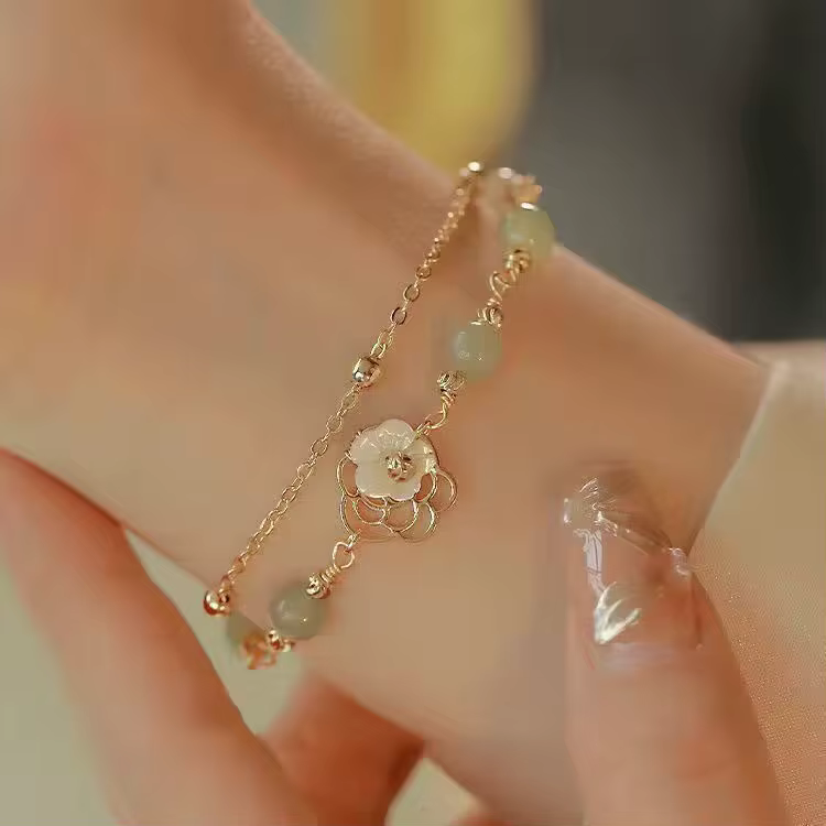 Bracelet en Jade Hetian vert de Style chinois pour femmes, Vintage, couleur or, feuilles, Double cou