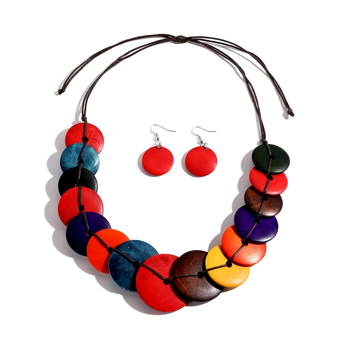 Ensemble de Bijoux Bohème Tissés à la Main, Perles en Bois Colorées, Collier Ajustable, Boucles d'Or