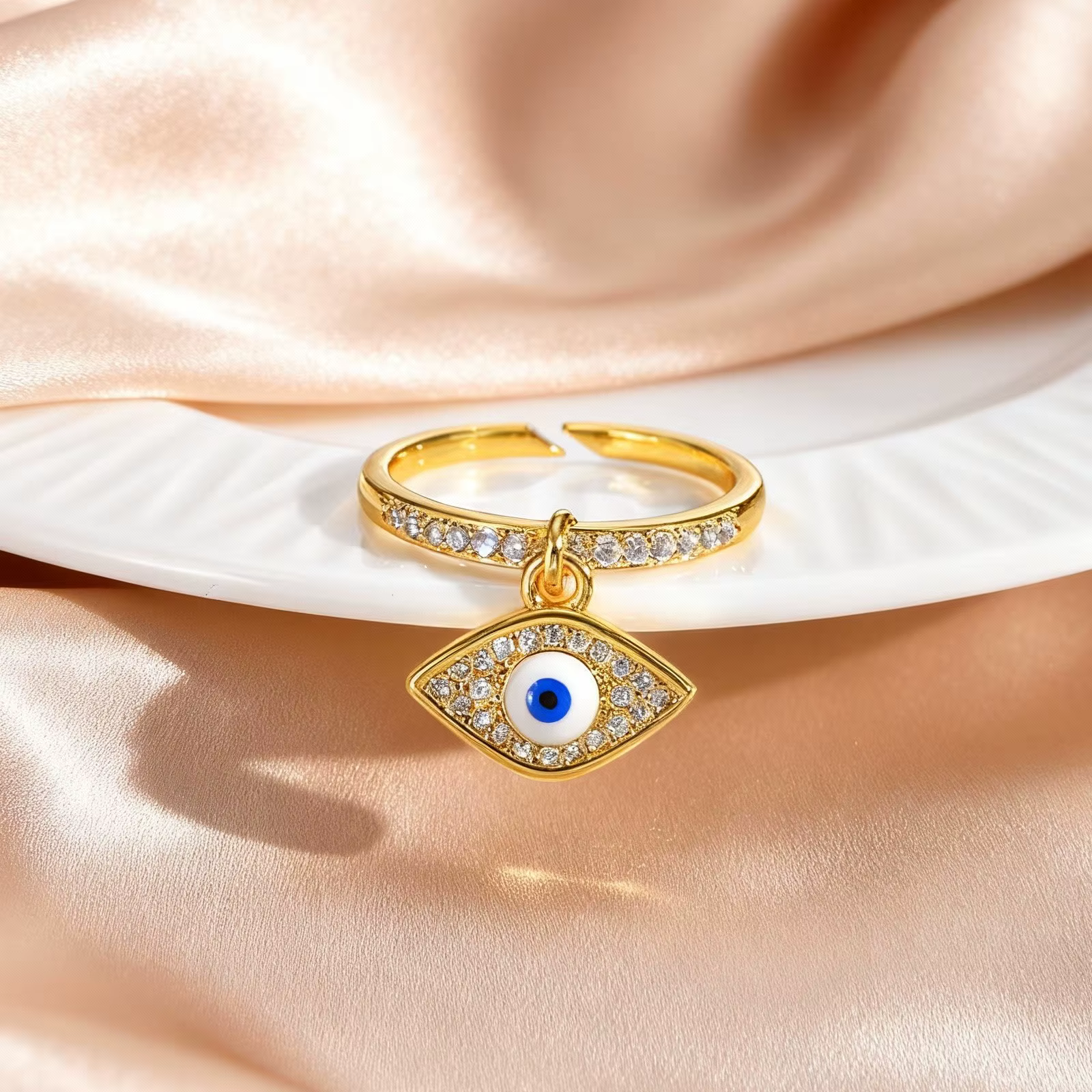 Bague pendentif œil turc bleu rétro pour femme, couleur or, réglable, avec zircon, bijoux délicats d