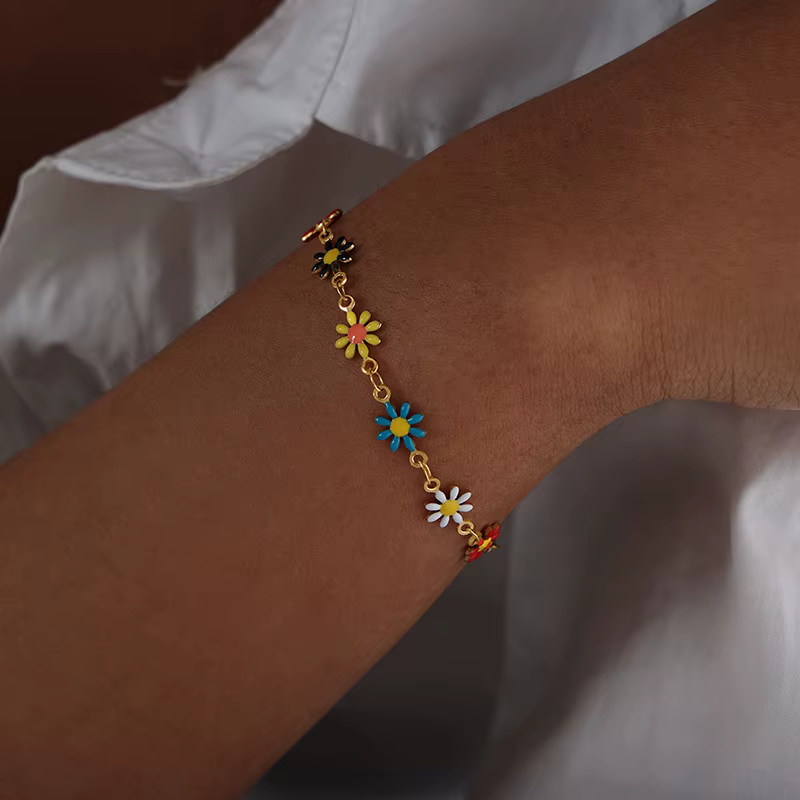 Collier et bracelet fleuris en émail coloré, chaîne en acier inoxydable plaqué or 18 carats, ensembl