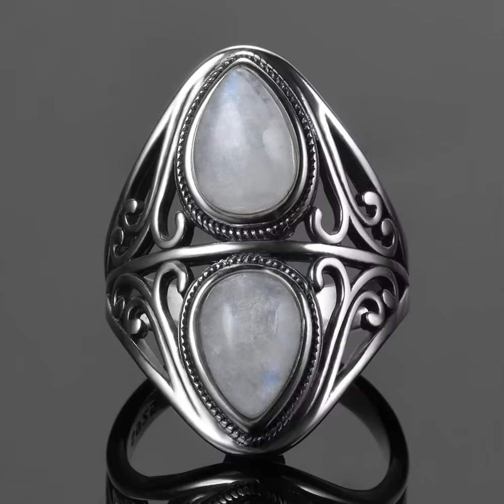 Bagues en pierres de lune naturelles rondes et ovales, bijoux en argent plaqué 925 pour hommes et fe