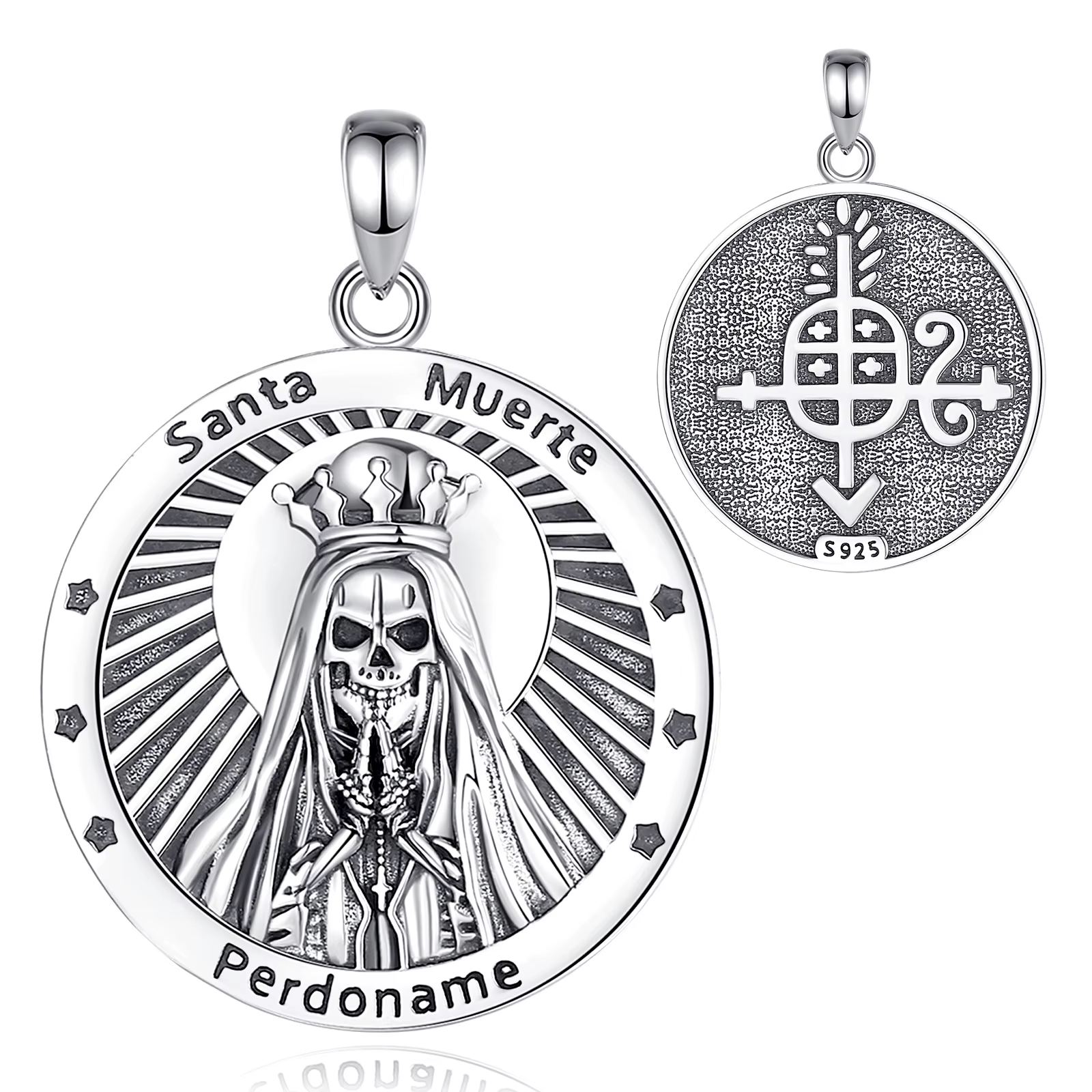 Eudora 925 argent Sterling sainte mort collier pour femmes homme vintage Santa Muerte mexicain pende