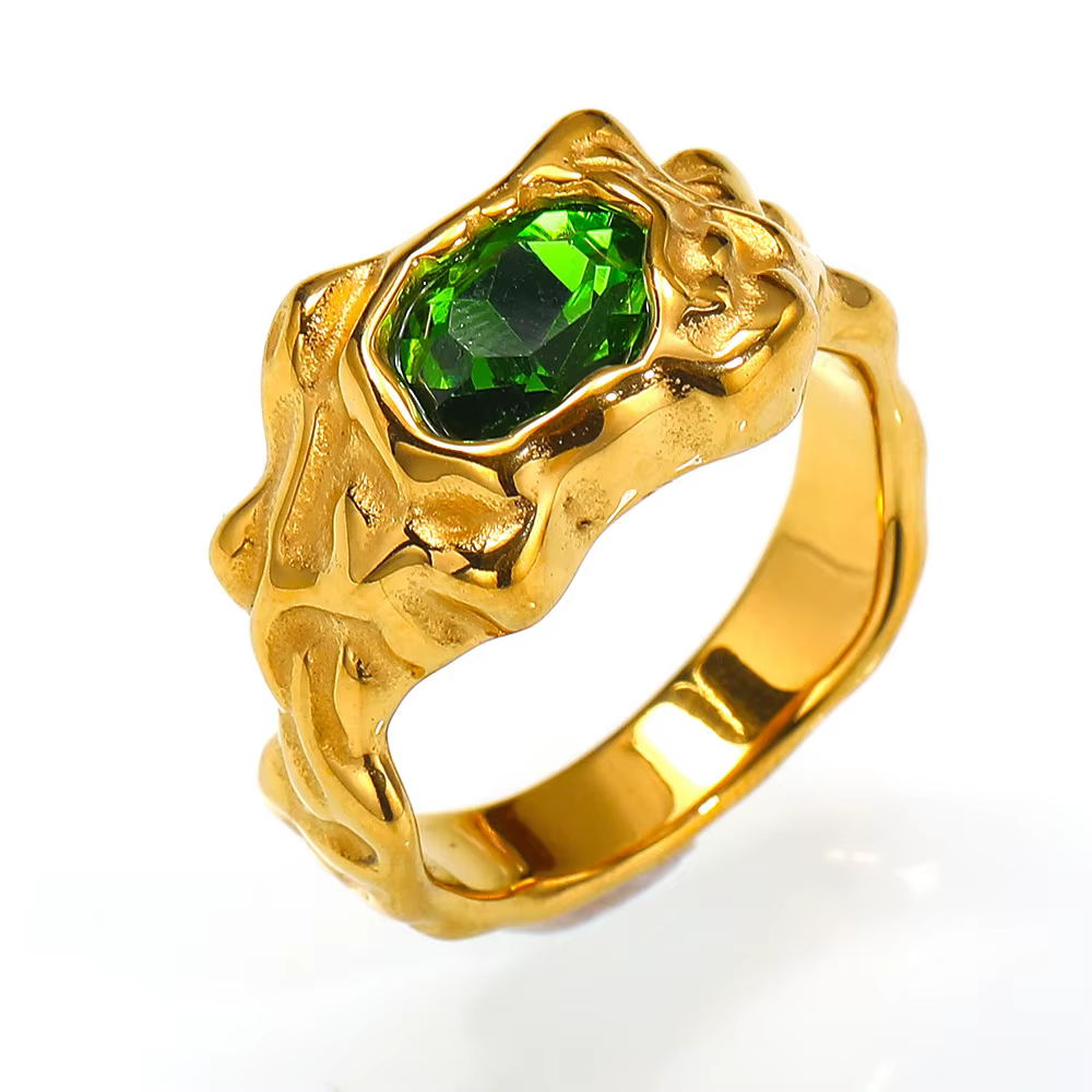 Bague texturée effet lave pour femme en acier inoxydable, bijou hip-hop streetwear avec pierre gemme
