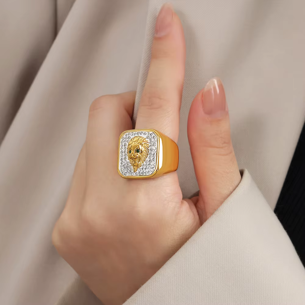 Bague Tête de Lion Masculine en Acier Inoxydable pour Femme, Plaqué Or 18 carats, Incrustée de Zirco