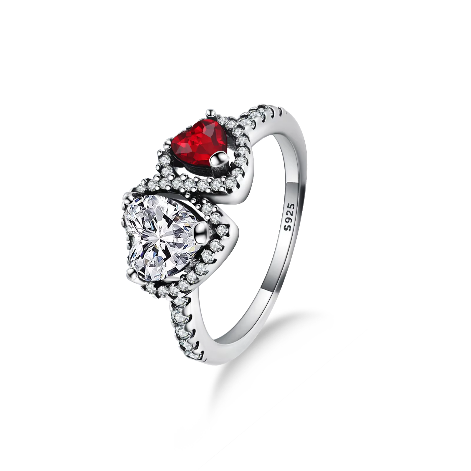 Bague élégante plaquée argent avec double cœur et halo, bijoux fins multi-pierres brillants pour fem